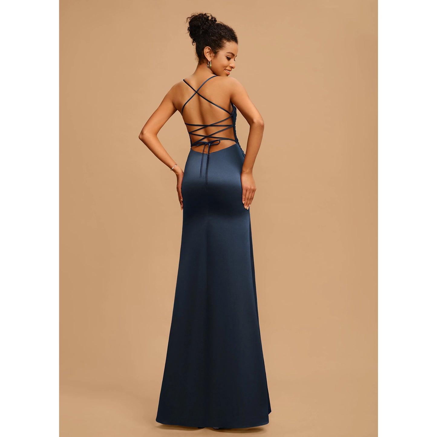 Elegant A-Line Cowl Neck Sleeveless Ruched Slit Navy Blue Prom Dress