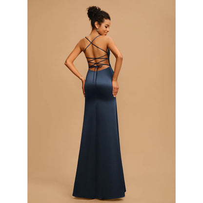 Elegant A-Line Cowl Neck Sleeveless Ruched Slit Navy Blue Prom Dress