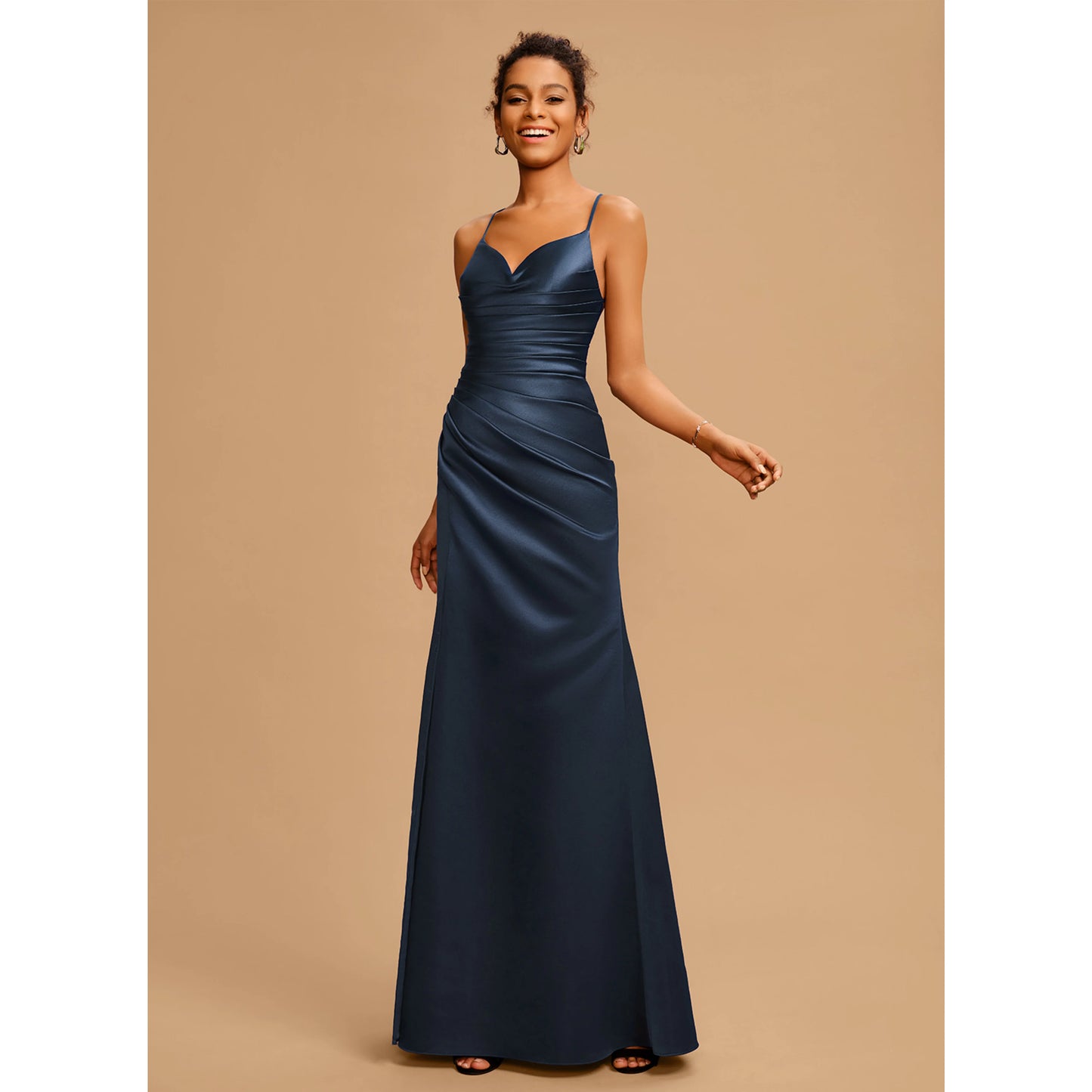 Elegant A-Line Cowl Neck Sleeveless Ruched Slit Navy Blue Prom Dress