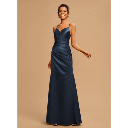 Elegant A-Line Cowl Neck Sleeveless Ruched Slit Navy Blue Prom Dress