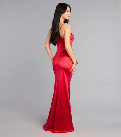 Elegant A-Line Cowl Neck Sleeveless Ruched Slit Red Floor-Length Evening Gown