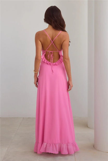 Elegant A-Line Cowl Neck Sleeveless Ruffled Slit Hot Pink Floor-Length Prom Dress