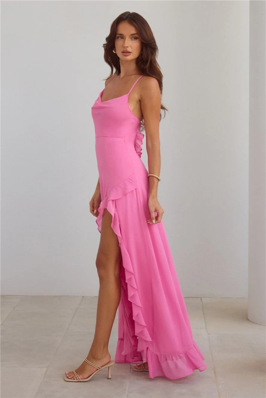 Elegant A-Line Cowl Neck Sleeveless Ruffled Slit Hot Pink Floor-Length Prom Dress