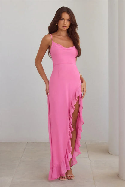Elegant A-Line Cowl Neck Sleeveless Ruffled Slit Hot Pink Floor-Length Prom Dress