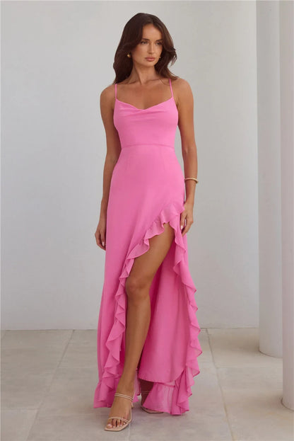Elegant A-Line Cowl Neck Sleeveless Ruffled Slit Hot Pink Floor-Length Prom Dress