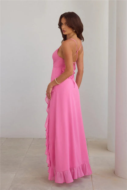 Elegant A-Line Cowl Neck Sleeveless Ruffled Slit Hot Pink Floor-Length Prom Dress