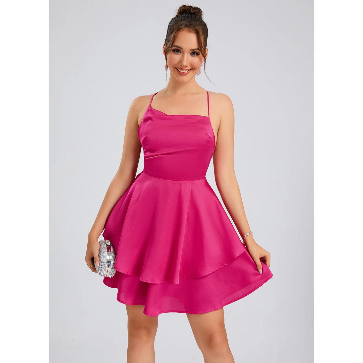 Elegant A-Line Cowl Neck Sleeveless Tiered Fuchsia Short Homecoming Dress For Her