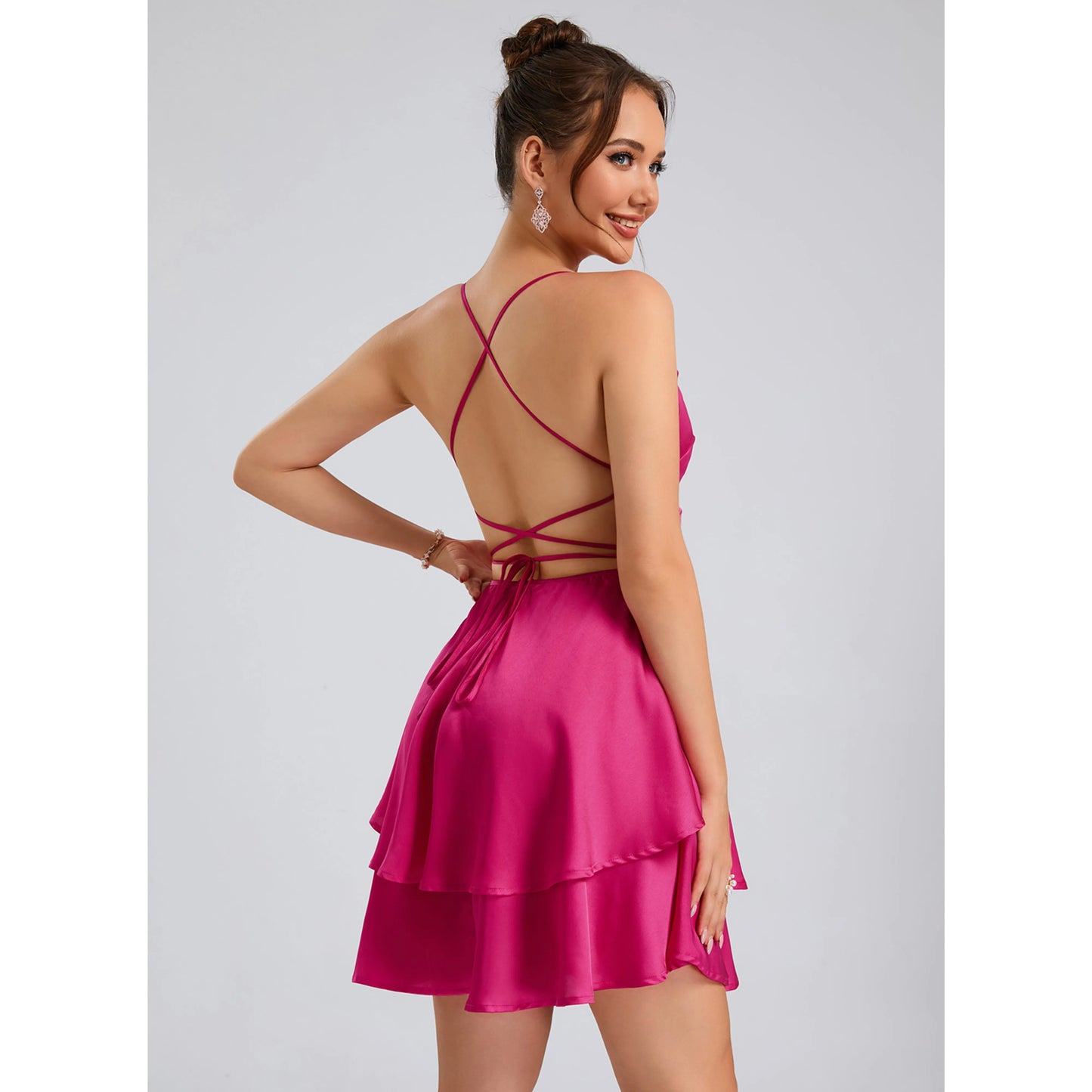 Elegant A-Line Cowl Neck Sleeveless Tiered Fuchsia Short Homecoming Dress For Her