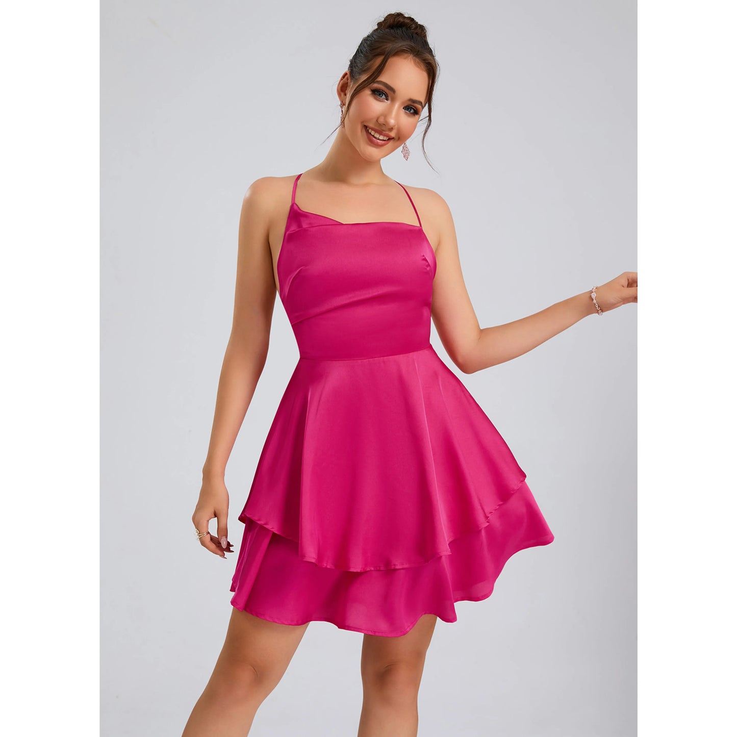 Elegant A-Line Cowl Neck Sleeveless Tiered Fuchsia Short Homecoming Dress For Her