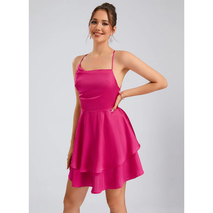 Elegant A-Line Cowl Neck Sleeveless Tiered Fuchsia Short Homecoming Dress For Her