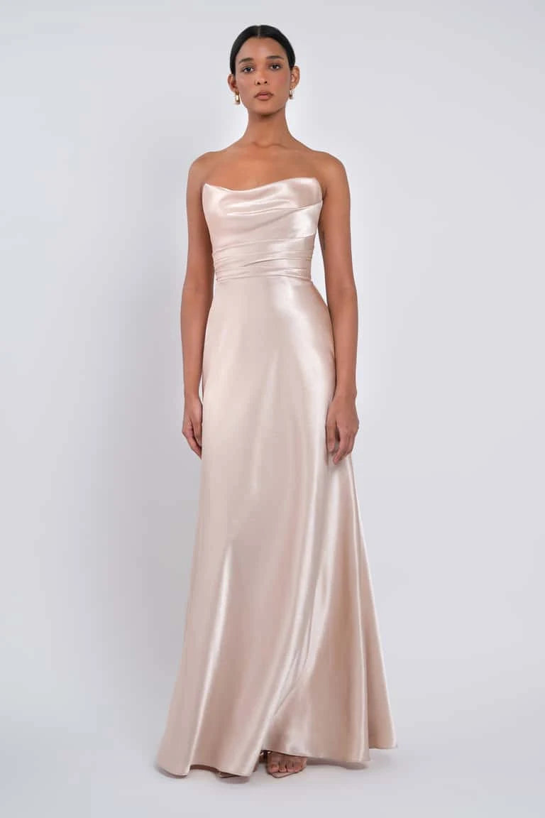 Elegant A-Line Cowl Neck Strapless Draped Champagne Floor-Length Bridesmaid Gown