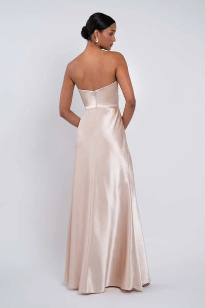 Elegant A-Line Cowl Neck Strapless Draped Champagne Floor-Length Bridesmaid Gown