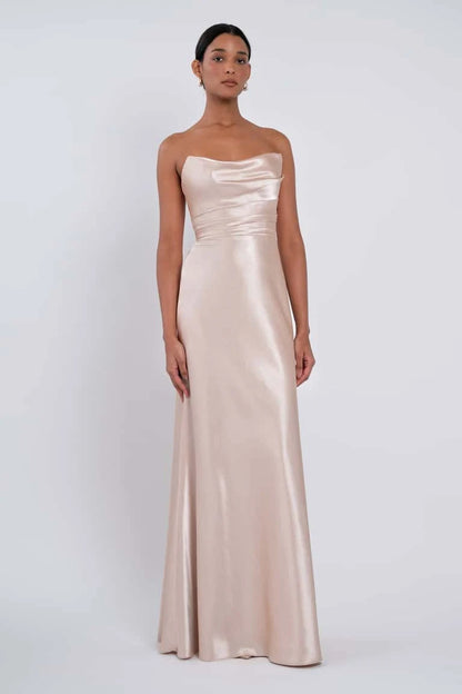 Elegant A-Line Cowl Neck Strapless Draped Champagne Floor-Length Bridesmaid Gown