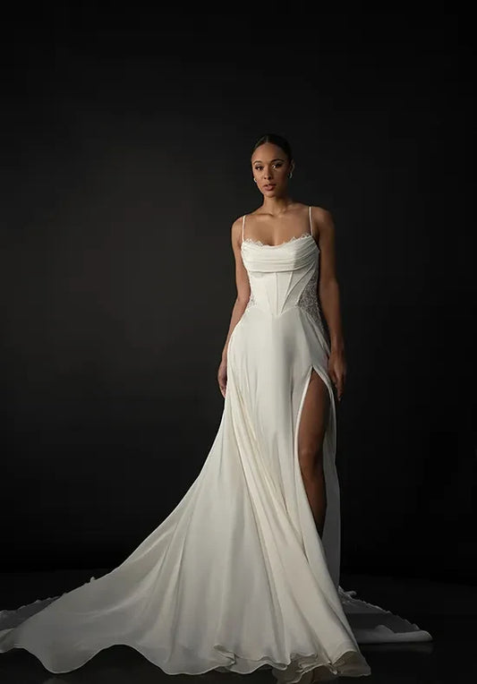 Elegant A-Line Cowl Sleeveless Corset Slit Ivory Wedding Dresses Bridal Gown