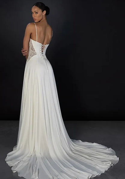 Elegant A-Line Cowl Sleeveless Corset Slit Ivory Wedding Dresses Bridal Gown