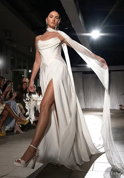 Elegant A-Line Cowl Sleeveless Corset Slit Ivory Wedding Dresses Bridal Gown