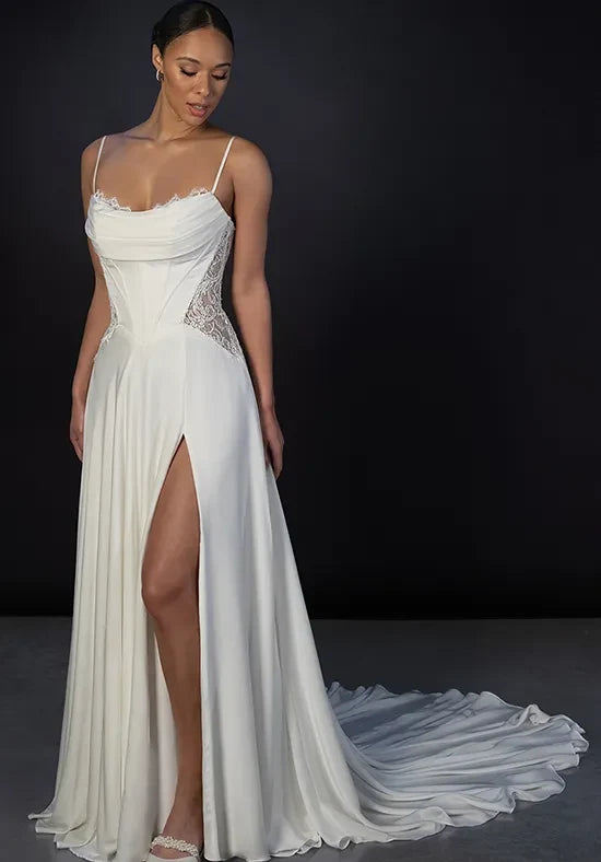 Elegant A-Line Cowl Sleeveless Corset Slit Ivory Wedding Dresses Bridal Gown