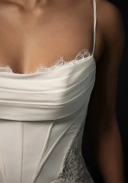 Elegant A-Line Cowl Sleeveless Corset Slit Ivory Wedding Dresses Bridal Gown