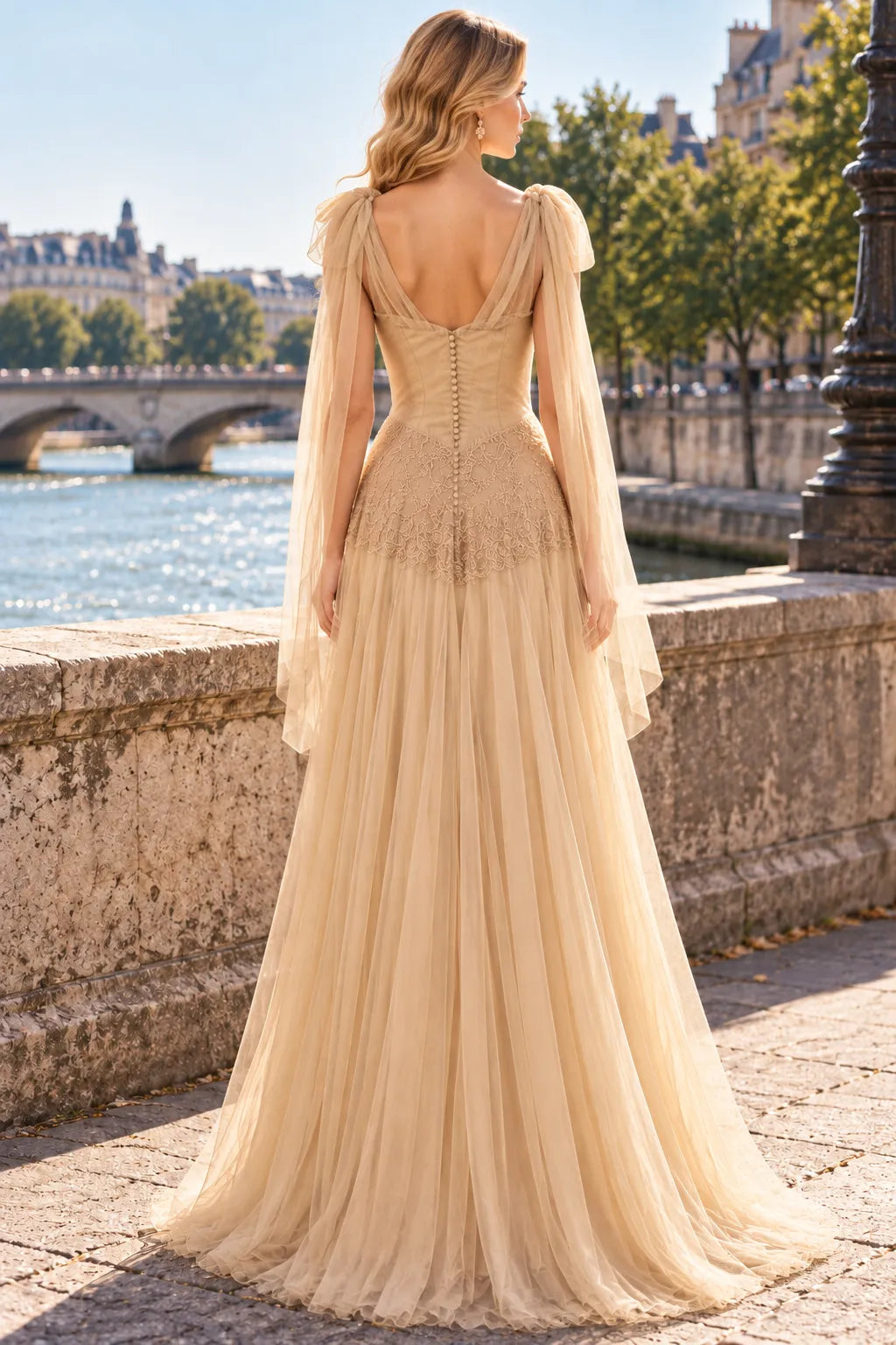 Elegant A-Line Cowl Sleeveless Embroidered Draped Champagne Long Prom Dresses Women