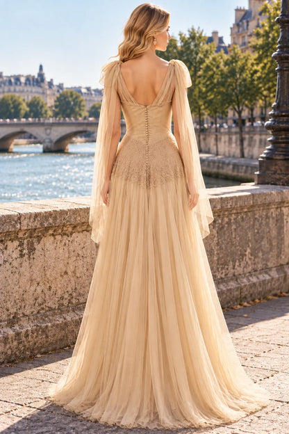 Elegant A-Line Cowl Sleeveless Embroidered Draped Champagne Long Prom Dresses Women