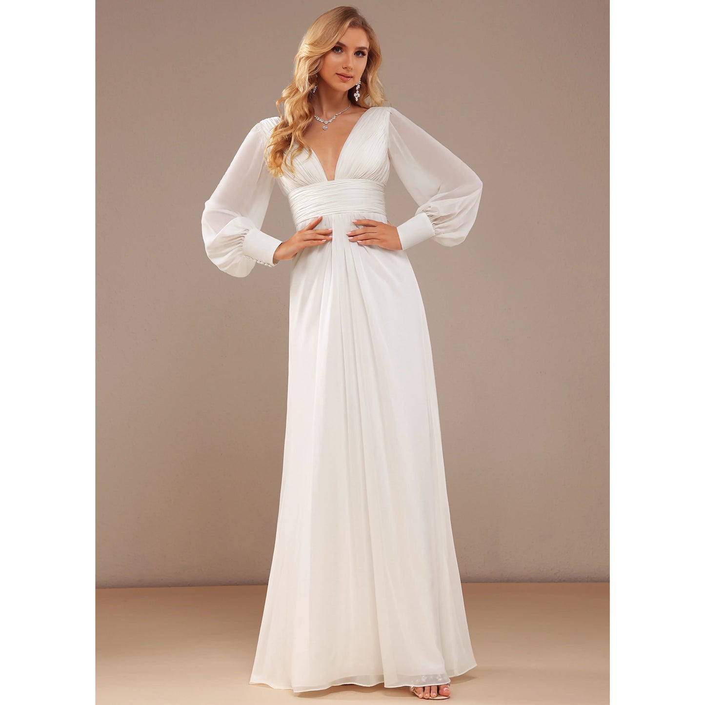 Elegant A-Line Deep V-Neck Long Sleeve Romantic Ivory Floor-Length Wedding Gown