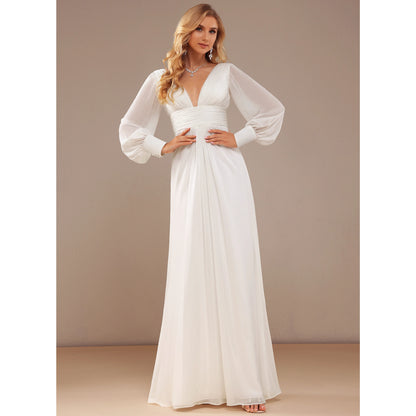 Elegant A-Line Deep V-Neck Long Sleeve Romantic Ivory Floor-Length Wedding Gown