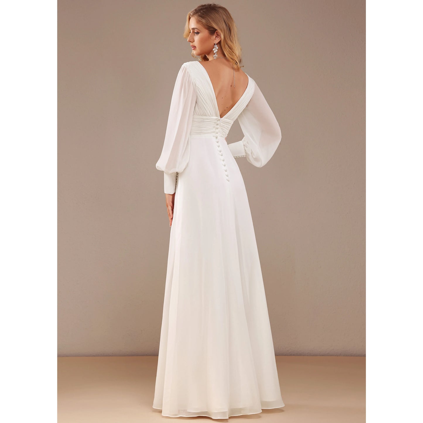 Elegant A-Line Deep V-Neck Long Sleeve Romantic Ivory Floor-Length Wedding Gown