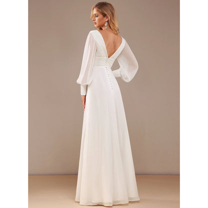 Elegant A-Line Deep V-Neck Long Sleeve Romantic Ivory Floor-Length Wedding Gown