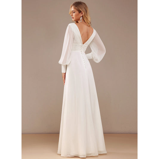 Elegant A-Line Deep V-Neck Long Sleeve Romantic Ivory Floor-Length Wedding Gown