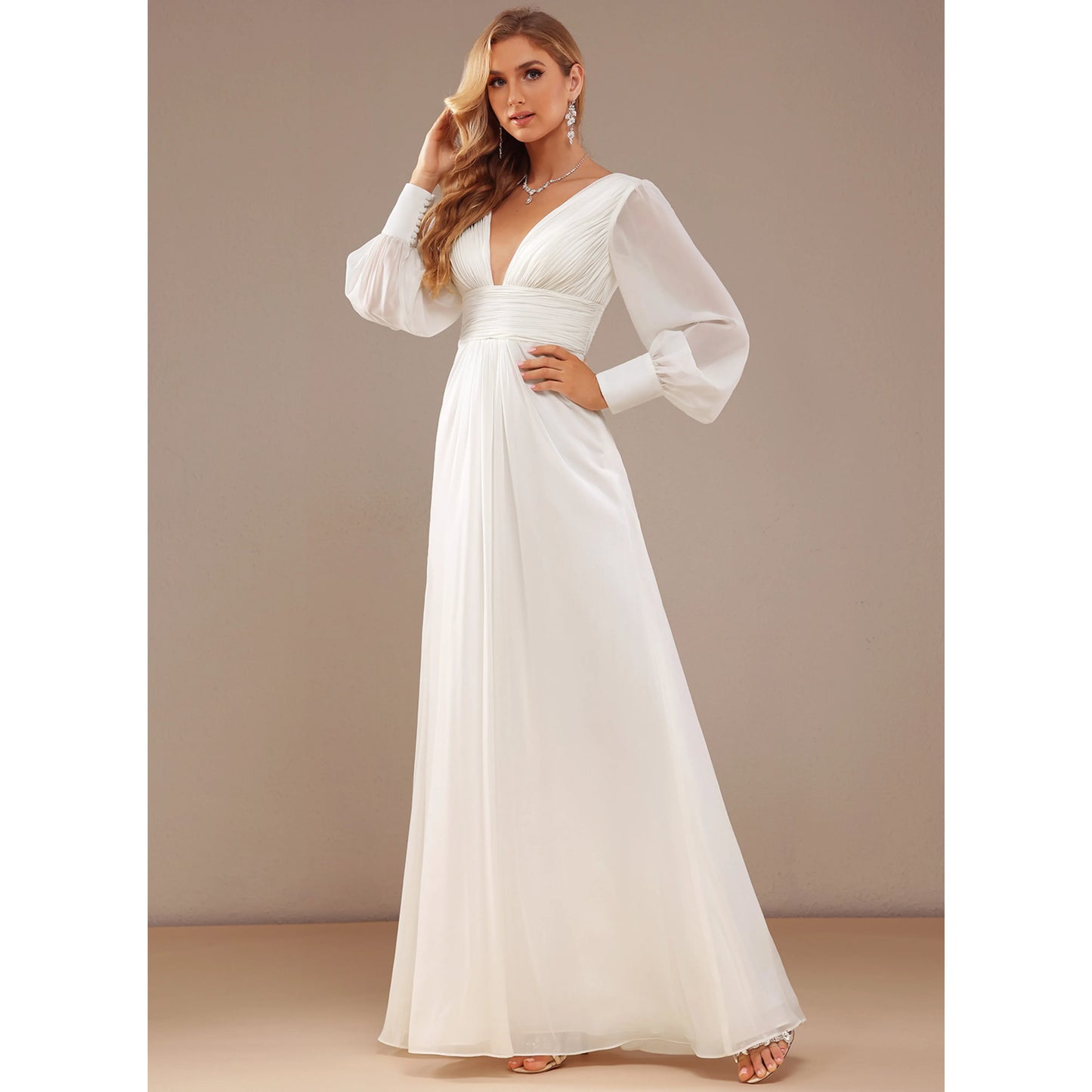 Elegant A-Line Deep V-Neck Long Sleeve Romantic Ivory Floor-Length Wedding Gown
