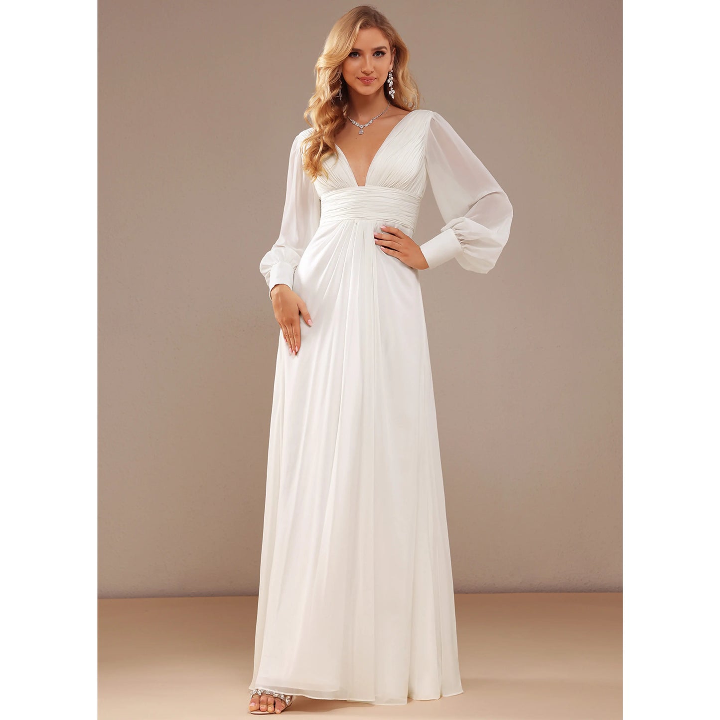 Elegant A-Line Deep V-Neck Long Sleeve Romantic Ivory Floor-Length Wedding Gown