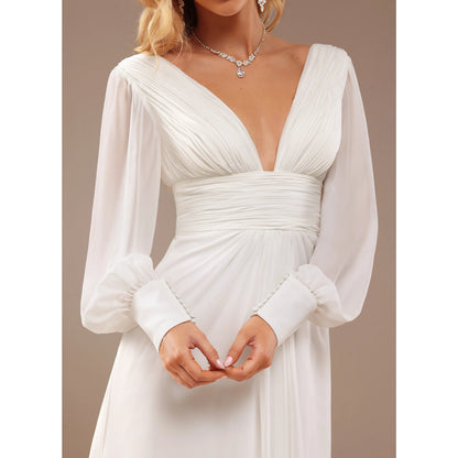 Elegant A-Line Deep V-Neck Long Sleeve Romantic Ivory Floor-Length Wedding Gown