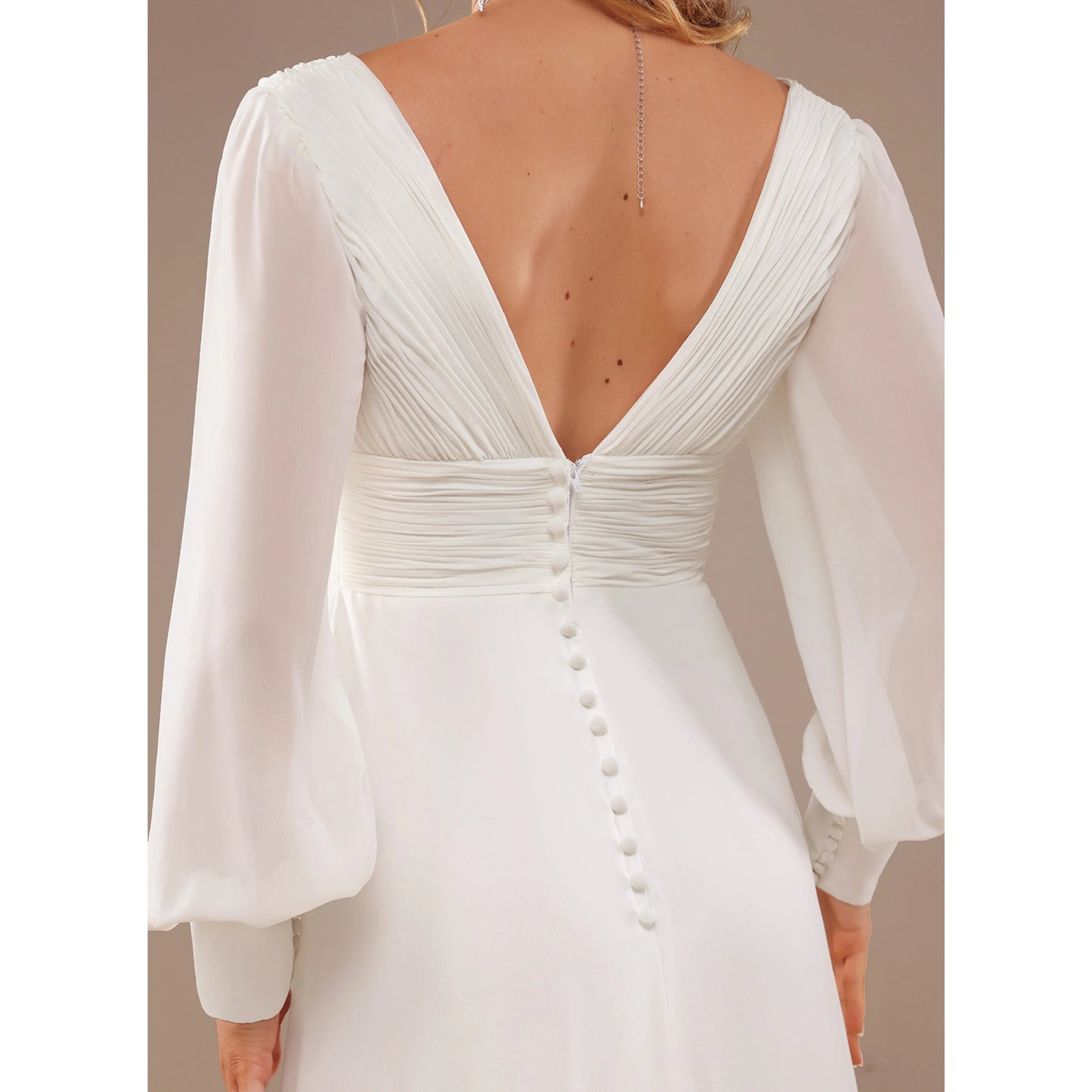 Elegant A-Line Deep V-Neck Long Sleeve Romantic Ivory Floor-Length Wedding Gown