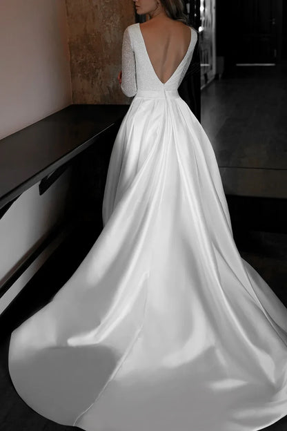 Elegant A-Line Deep V-Neck Long Sleeve Sparkling White Floor-Length Wedding Gown