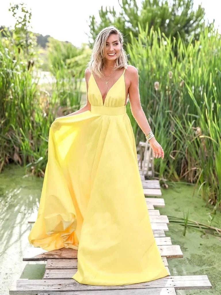 Elegant A-Line Deep V-Neck Sleeveless Backless Yellow Floor-Length Prom Dress