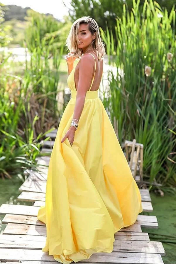 Elegant A-Line Deep V-Neck Sleeveless Backless Yellow Floor-Length Prom Dress