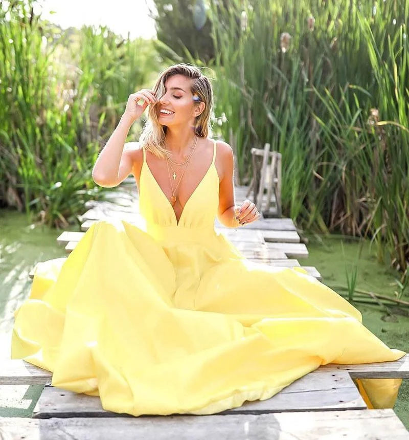 Elegant A-Line Deep V-Neck Sleeveless Backless Yellow Floor-Length Prom Dress