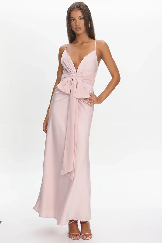 Elegant A-Line Deep V-Neck Sleeveless Bow-Tie Blush Pink Floor-Length Prom Dress