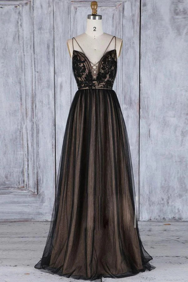 Elegant A-Line Deep V-Neck Sleeveless Chic Black Floor Prom Gown