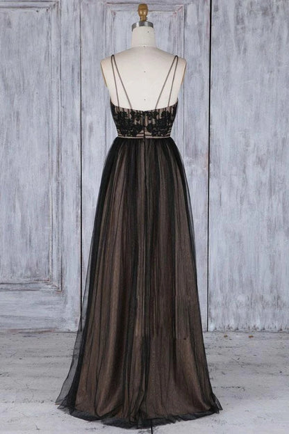 Elegant A-Line Deep V-Neck Sleeveless Chic Black Floor Prom Gown