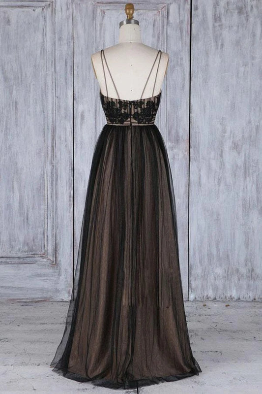 Elegant A-Line Deep V-Neck Sleeveless Chic Black Floor Prom Gown