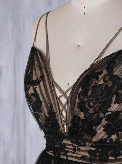 Elegant A-Line Deep V-Neck Sleeveless Chic Black Floor Prom Gown