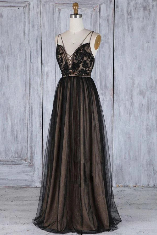 Elegant A-Line Deep V-Neck Sleeveless Chic Black Floor Prom Gown