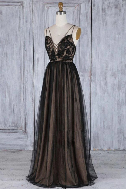 Elegant A-Line Deep V-Neck Sleeveless Chic Black Floor Prom Gown