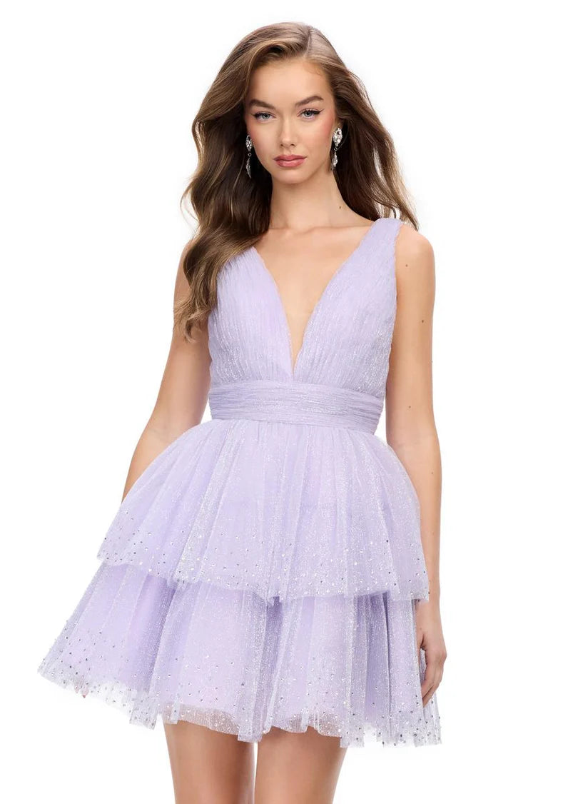 Elegant A-Line Deep V-Neck Sleeveless Glittery Lilac Short Homecoming Dress