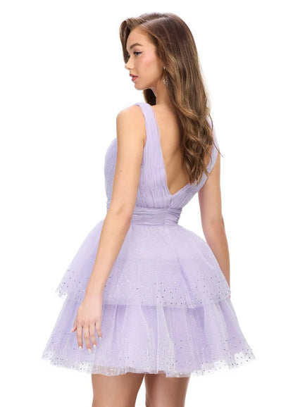 Elegant A-Line Deep V-Neck Sleeveless Glittery Lilac Short Homecoming Dress