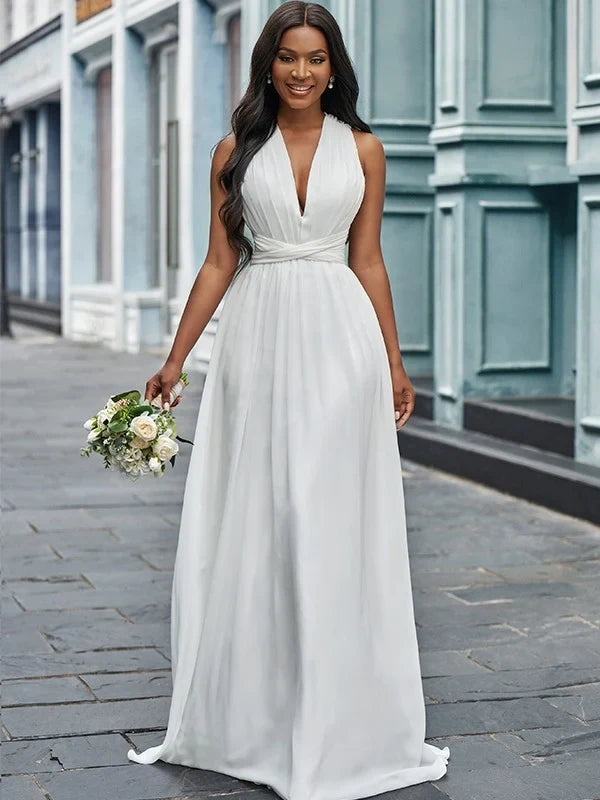 Elegant A-Line Deep V-Neck Sleeveless Open Back White Floor-Length Wedding Dresses Gown