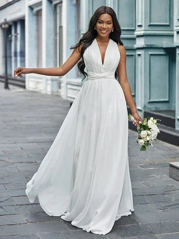 Elegant A-Line Deep V-Neck Sleeveless Open Back White Floor-Length Wedding Dresses Gown