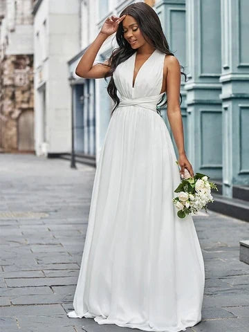 Elegant A-Line Deep V-Neck Sleeveless Open Back White Floor-Length Wedding Dresses Gown