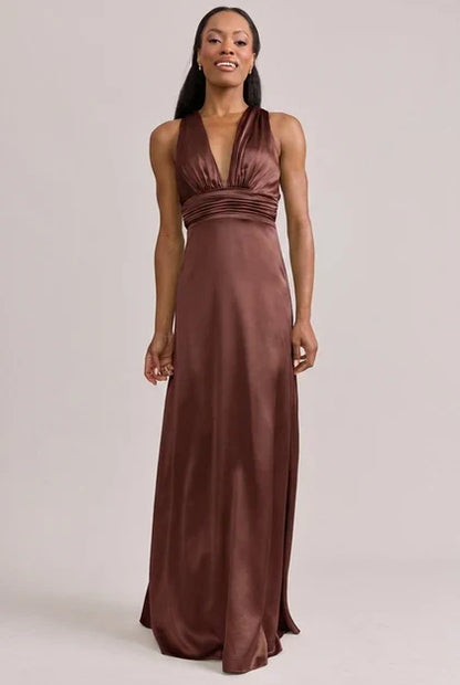 Elegant A-Line Deep V-Neck Sleeveless Ruched Backless Mahogany Floor-Length Bridesmaid Gown
